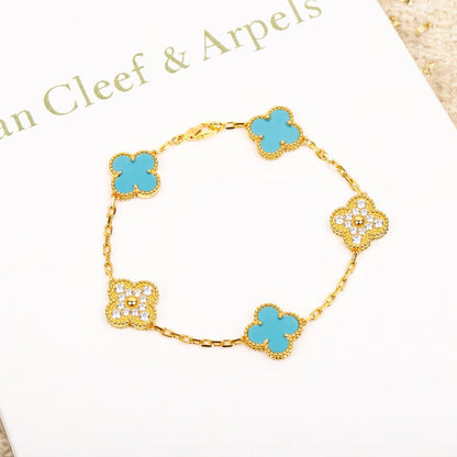 [Love More]CLOVER 5 MOTIF TURQUOISE DIAMOND GOLD BRACELET