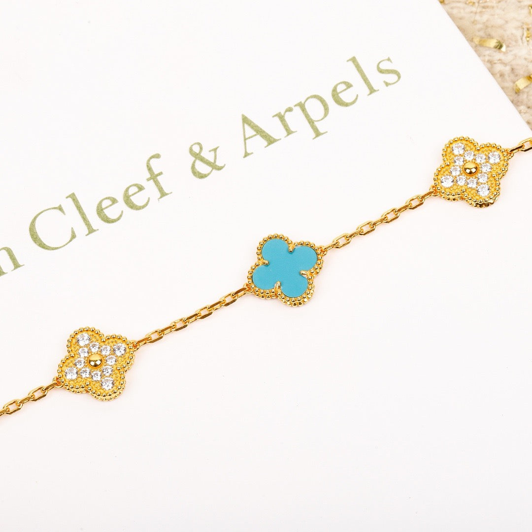 [Love More]CLOVER 5 MOTIF TURQUOISE DIAMOND GOLD BRACELET