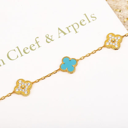[Love More]CLOVER 5 MOTIF TURQUOISE DIAMOND GOLD BRACELET