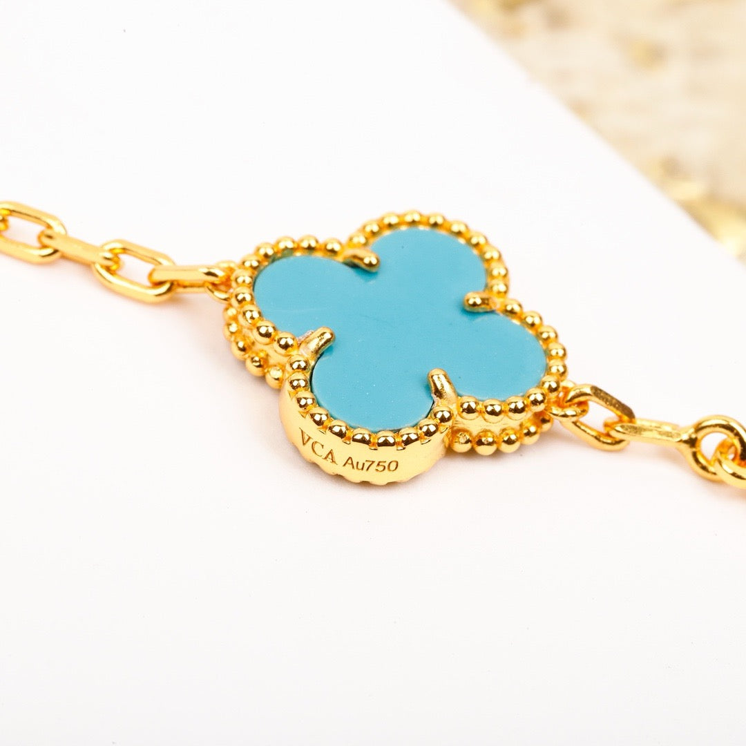 [Love More]CLOVER 5 MOTIF TURQUOISE DIAMOND GOLD BRACELET