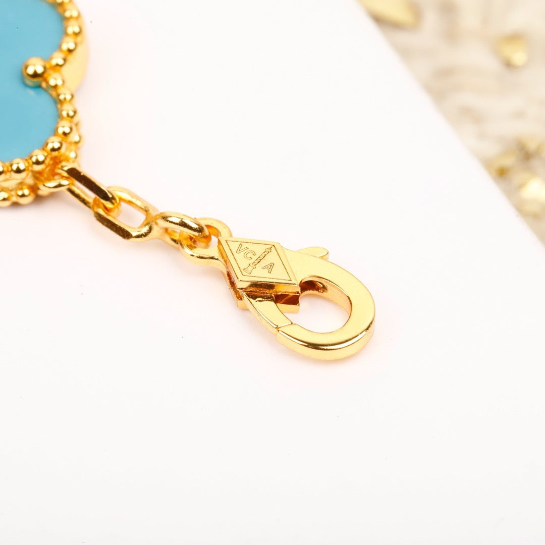 [Love More]CLOVER 5 MOTIF TURQUOISE DIAMOND GOLD BRACELET